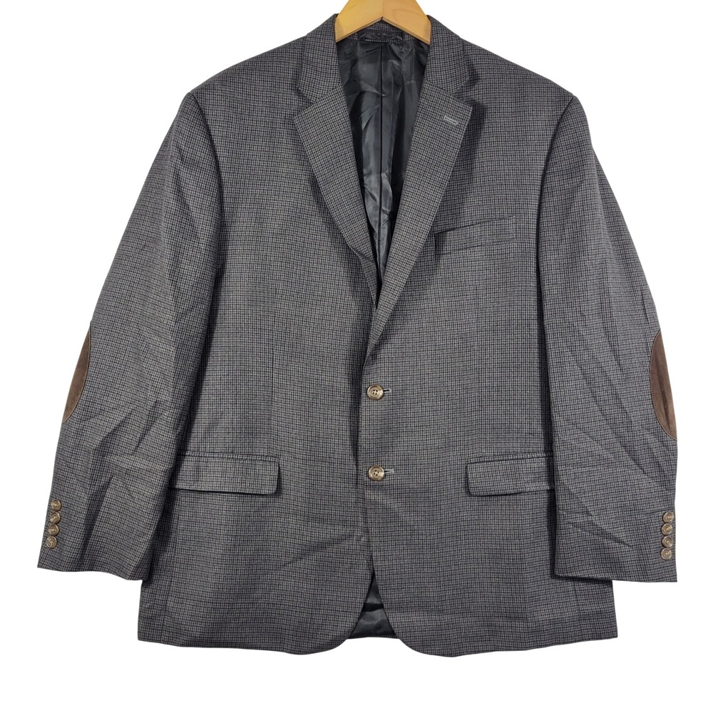 Chaps Sport Coat Mens 46R Grey Houndstooth Elbow Patch Blazer